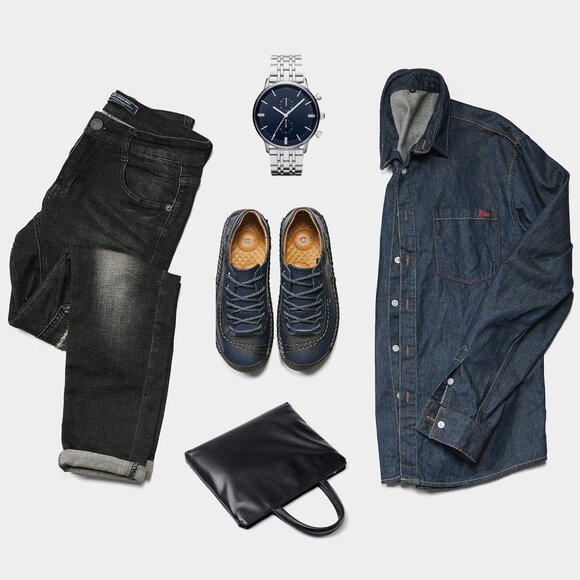 Alcubieree Men Blue Leather Casual Fashion Loafer Driving Rubber Sole Sneakers - Picture 8 of 8